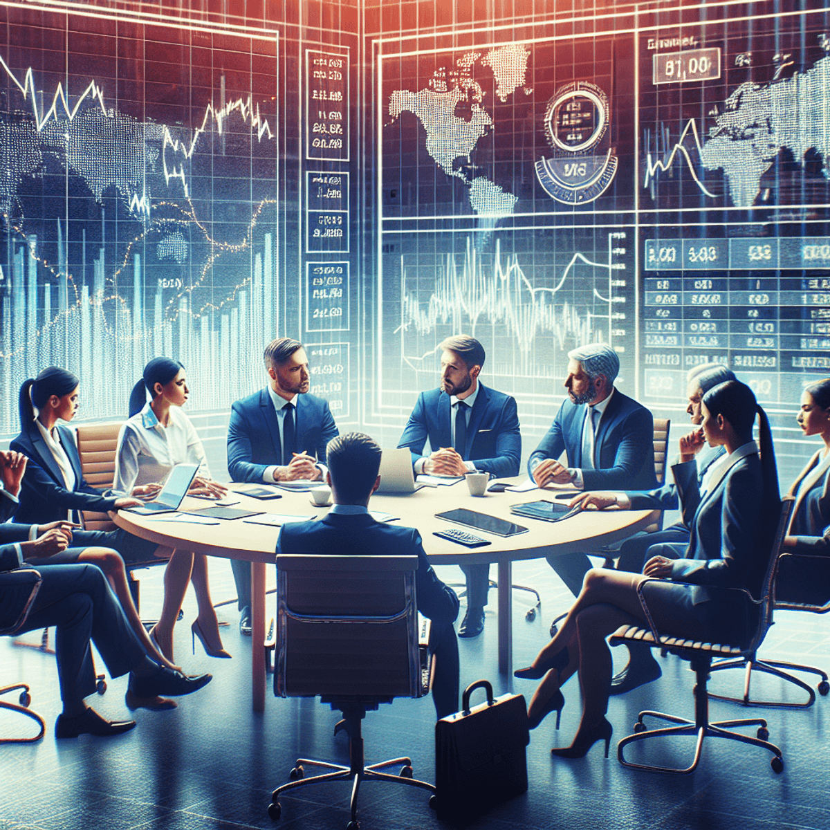 A diverse group of professionals, including Caucasian and Hispanic individuals, are gathered around a round table covered with financial charts, graphs, and calculators. They appear engaged in a serious discussion about market strategies. In the background, a large monitor shows fluctuating exchange rates and various line graphs, contributing to the atmosphere of analytical focus and stability in a financial market setting. The scene is depicted in a realistic style with high attention to detail, capturing the complexity of the environment without any legible text.