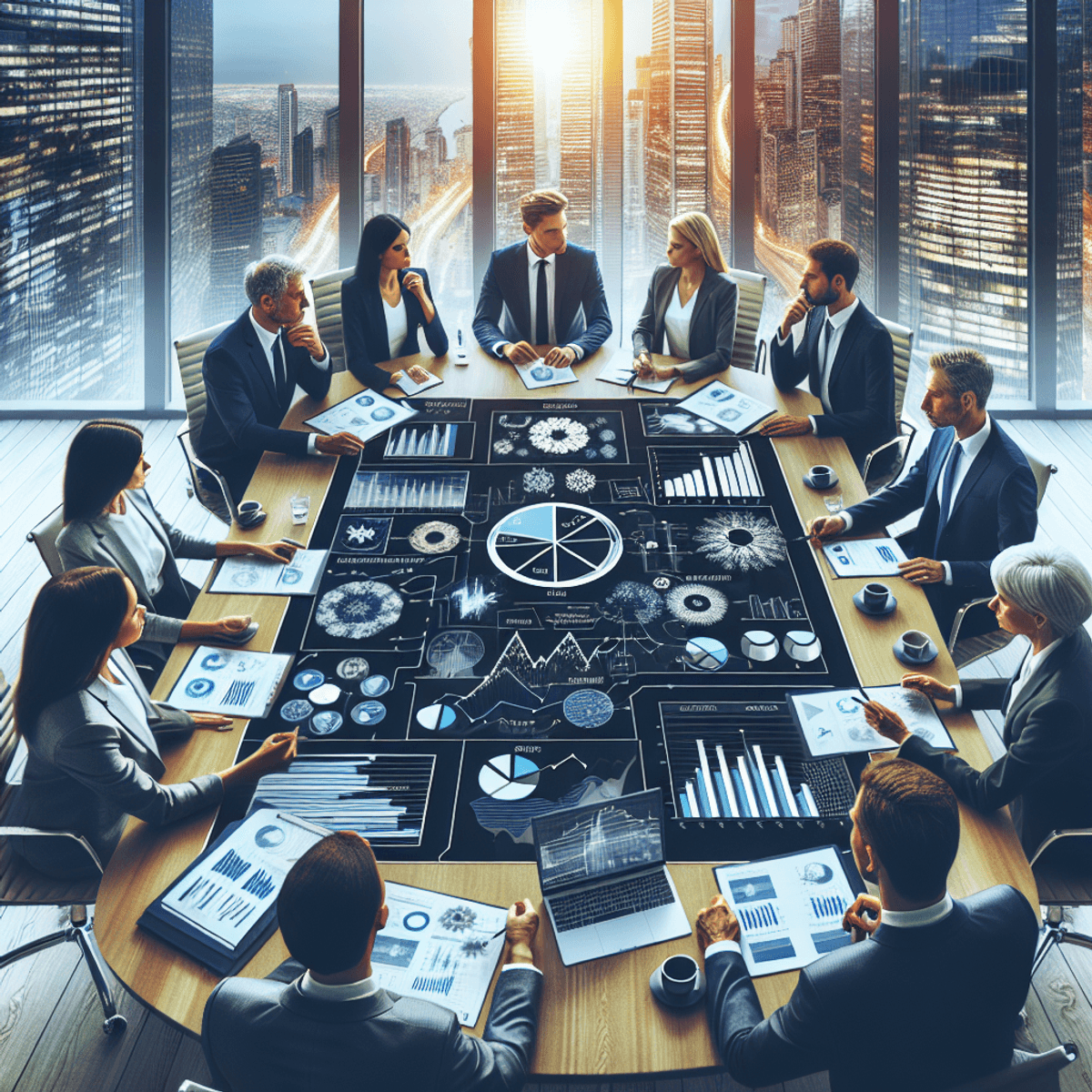 A diverse group of professionals is seated around a sleek conference table in a modern office. They are dressed in formal business attire, deeply engaged in animated discussion. The table is covered with colorful charts and graphs representing financial data and environmental metrics, all presented symbolically without readable text. The office features elegant furniture and soft ambient lighting, with large windows showcasing a vibrant city skyline outside.