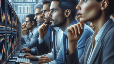 A diverse group of three traders focused on their computer screens in a busy trading office. They display intense concentration as they analyze variou