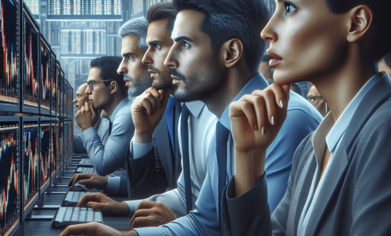 A diverse group of three traders focused on their computer screens in a busy trading office. They display intense concentration as they analyze variou