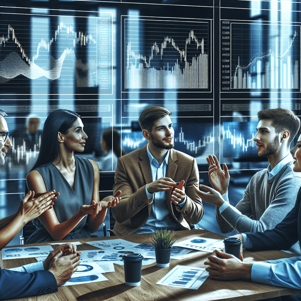 A diverse group of traders, actively discussing market trends in a modern financial office. They are surrounded by multiple screens displaying various charts and graphs related to market data, with a professional and dynamic atmosphere.