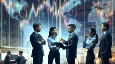 A diverse group of traders are animatedly discussing around a modern digital display screen filled with colorful abstract symbols and stock market gra