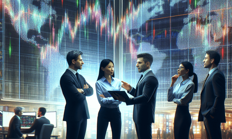 A diverse group of traders are animatedly discussing around a modern digital display screen filled with colorful abstract symbols and stock market gra