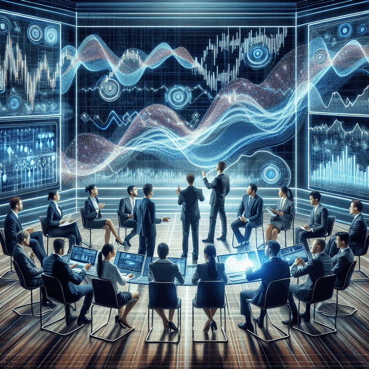 A diverse group of traders are gathered around a large, futuristic screen displaying vibrant, pulsing data streams and complex predictive modeling graphs. The atmosphere is dynamic as they engage in an animated discussion, intently analyzing nebulous trends, price waves, and infographics that reflect cutting-edge technology in financial trading. Their expressions show focus and collaboration, embodying the spirit of teamwork in a high-tech trading environment.