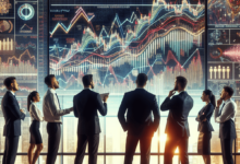 A diverse group of traders, intensely analyzing a sophisticated financial chart in a modern office setting. The chart displays complex patterns and or