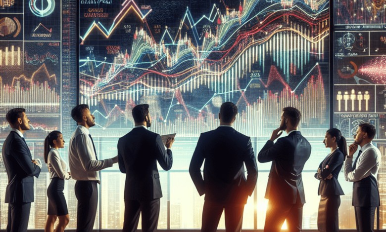 A diverse group of traders, intensely analyzing a sophisticated financial chart in a modern office setting. The chart displays complex patterns and or