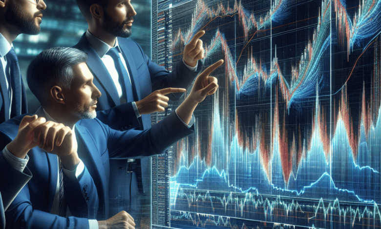 A dynamic trading environment featuring a diverse group of three traders. They are gathered around a large digital screen displaying a vibrant 3D vola