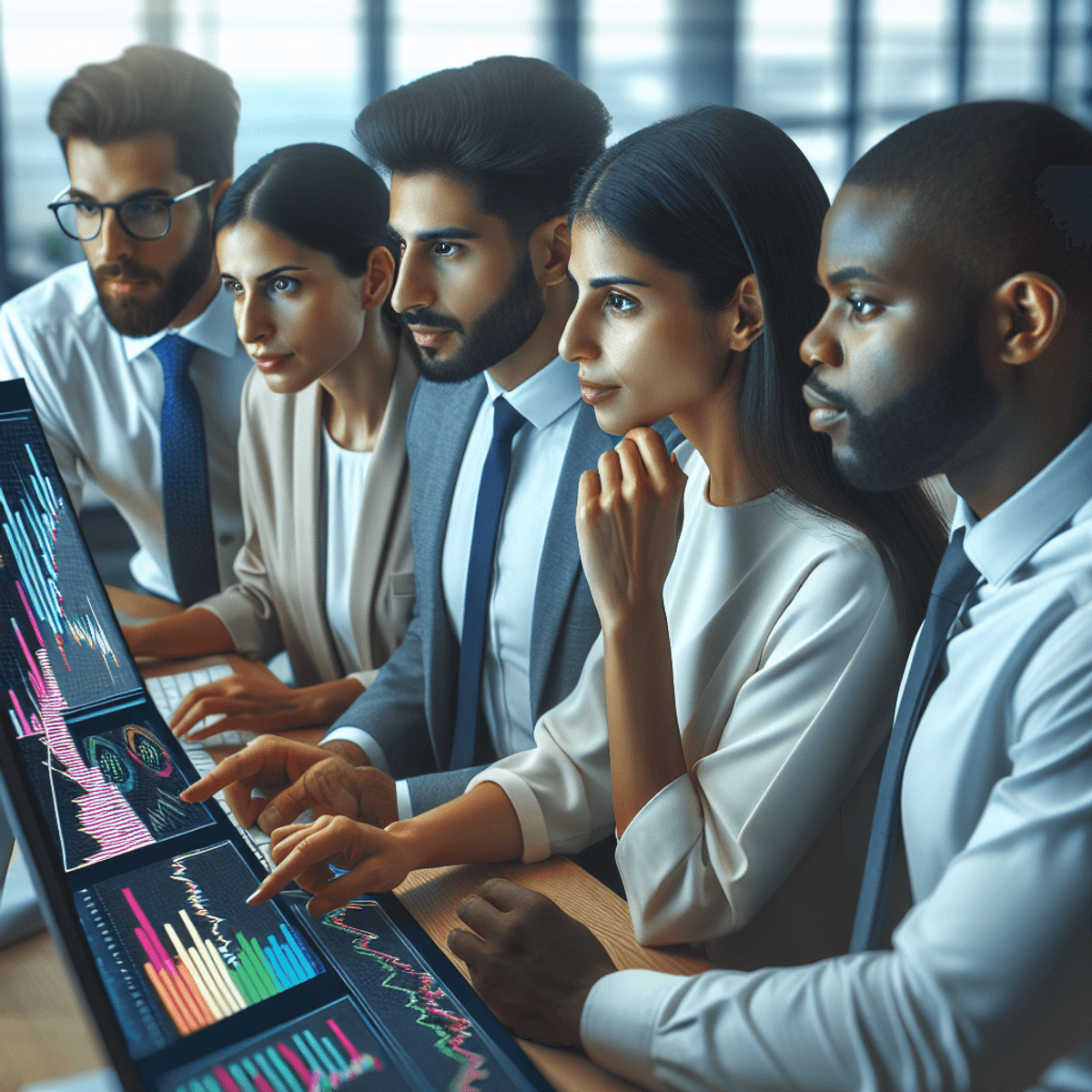 A focused and determined professional team analyzing financial data in a modern office setting. The image features three people collaborating around a screen filled with multicolored graphs and charts related to investment portfolio analysis. They are dressed in professional attire, showcasing their roles, while the sleek technology and contemporary interior design reflect a seamless integration of teamwork and resilience in adapting to market changes.