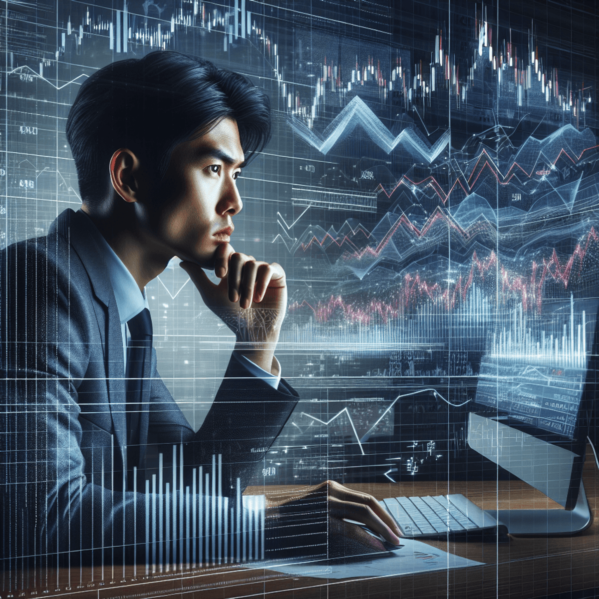 A focused fx options trader sits at his desk, deeply engaged in analyzing data on his computer screen, which displays abstract stock market charts with various trends and patterns. In the background, there are visual representations of financial graphs, including arrows, bars, and lines in fluctuating patterns, conveying the concept of recency bias in trading. The environment exudes a serious and professional atmosphere. There could be recency bias.