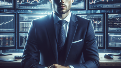 A focused male options trader in a traditional business suit sits at a trading desk surrounded by multiple screens displaying colorful stock charts, g