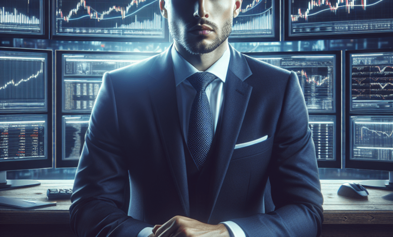 A focused male options trader in a traditional business suit sits at a trading desk surrounded by multiple screens displaying colorful stock charts, g