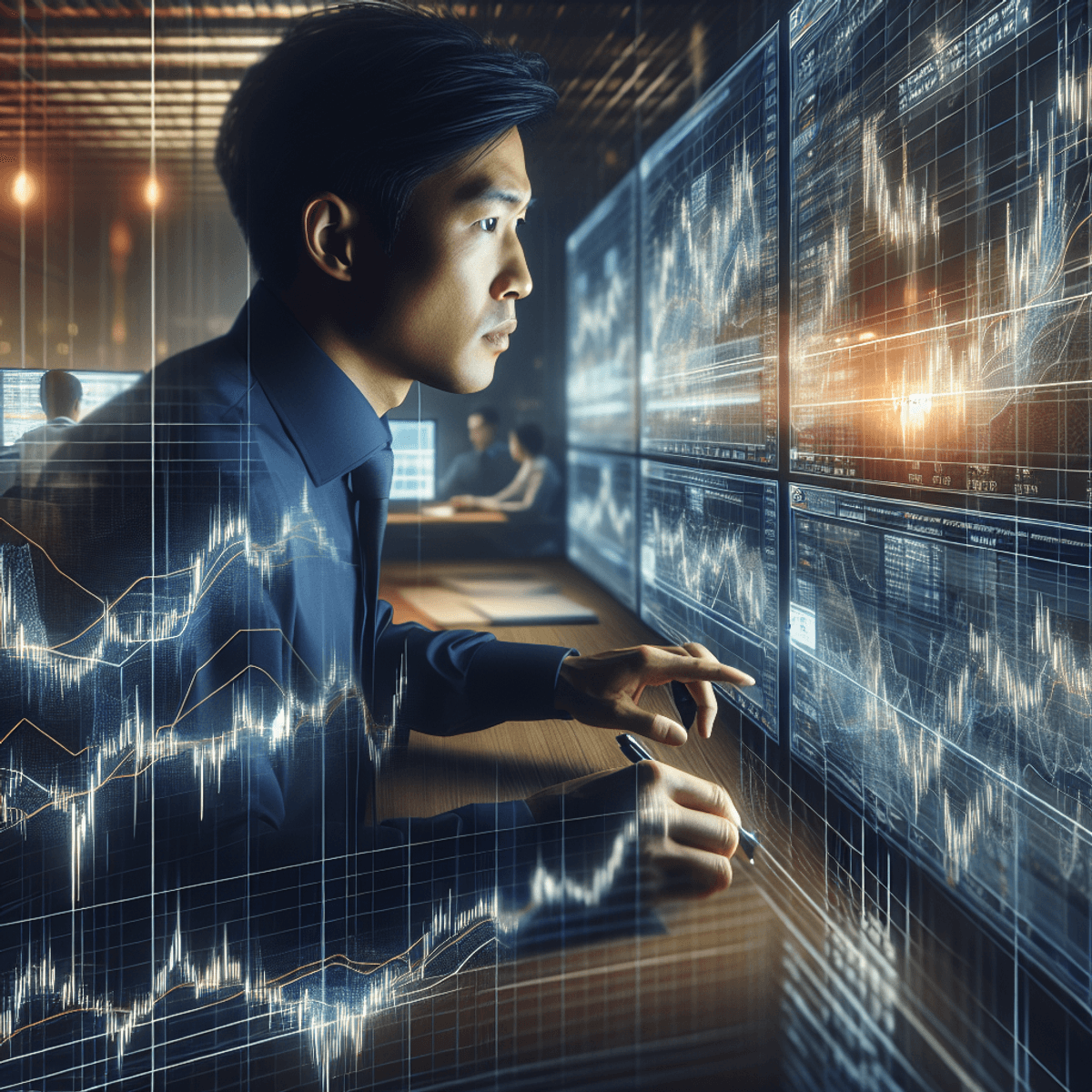 A focused male trader analyzing the stock market in a modern trading room, surrounded by multiple screens displaying symbolic graphs and market trends, conveying an atmosphere of strategic planning and investment opportunities.