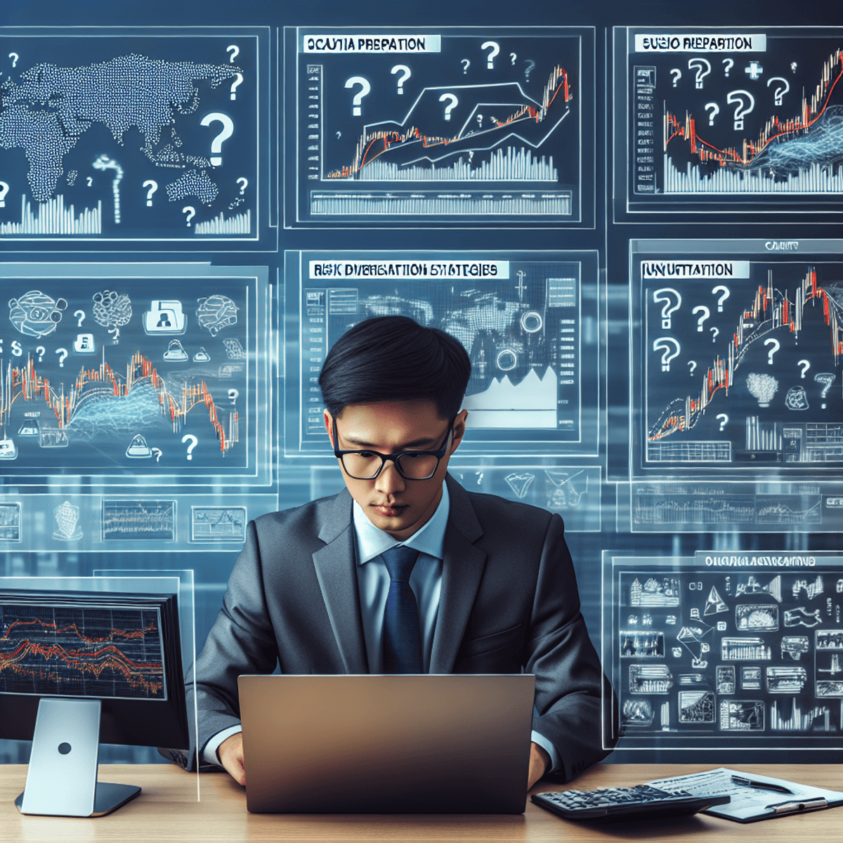 A focused options trader sits at a desk surrounded by multiple computer displays, analyzing market analytics. The screens show vibrant charts and graphs, while illustrated symbols of uncertainty, like question marks and wavering lines, float around them, emphasizing the theme of managing unpredictability in trading.