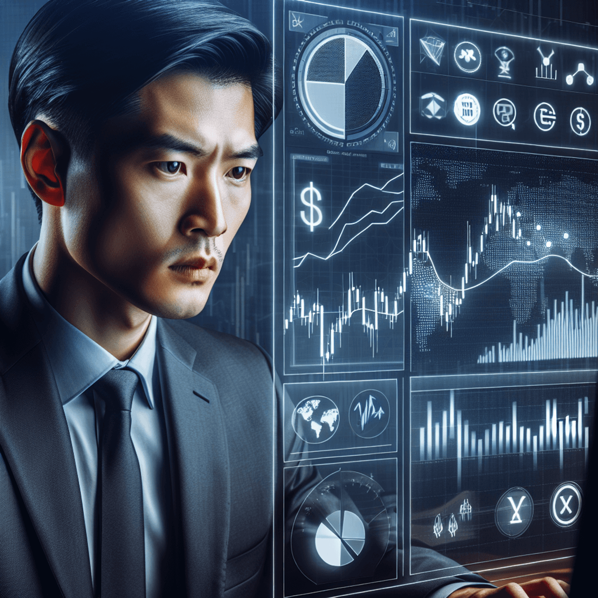 A focused trader in professional attire intensely analyzes financial charts on a computer screen, surrounded by symbols of macroeconomic events like line graphs, pie charts, and currency symbols, conveying the theme of navigating uncertainty with options strategies.