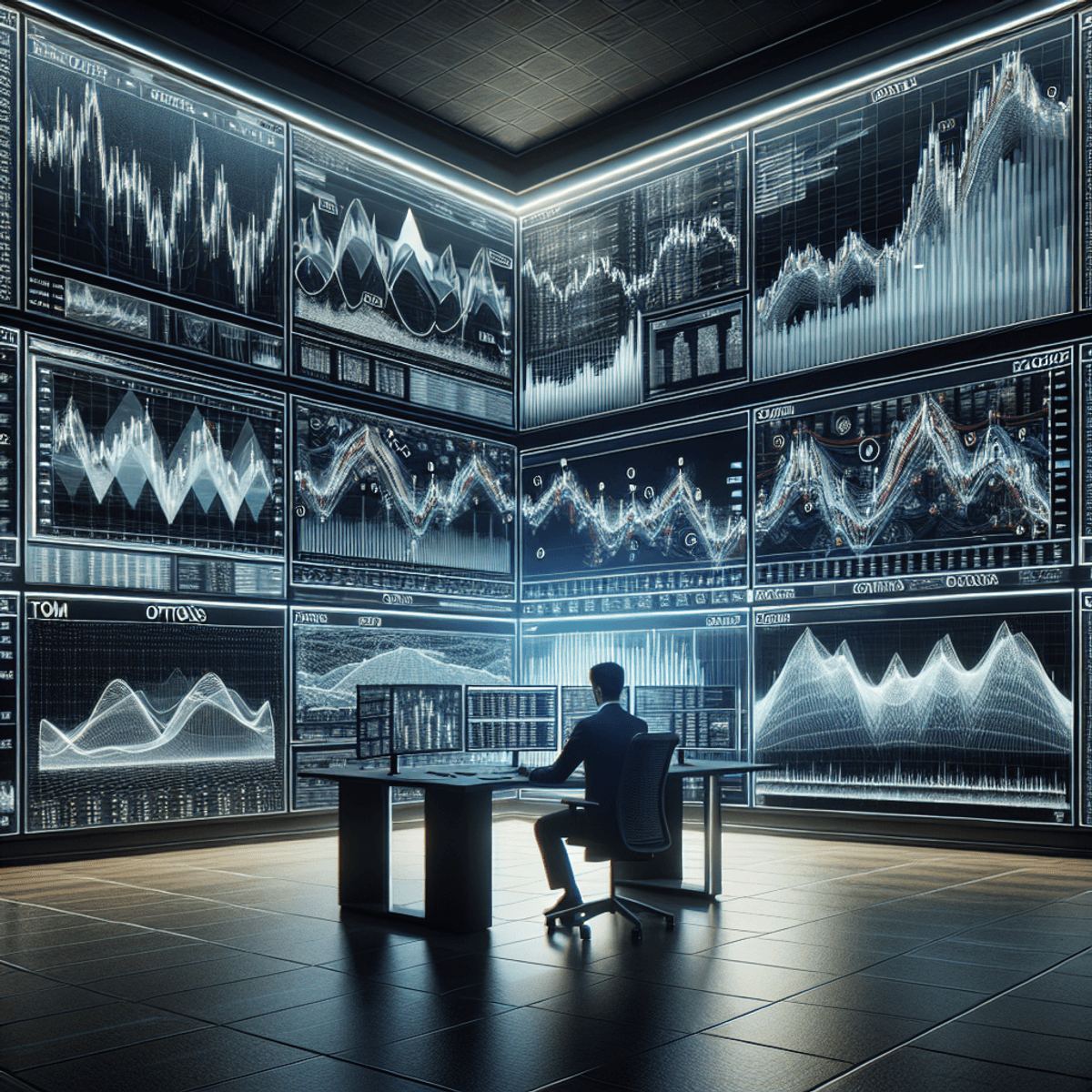 A focused trader intensely analyzing intricate charts and graphs on multiple modern screens in a sleek trading room, surrounded by symbols of options trading and Elliott Wave Theory, including fluctuating waves and directional arrows, capturing the dynamic essence of financial markets.