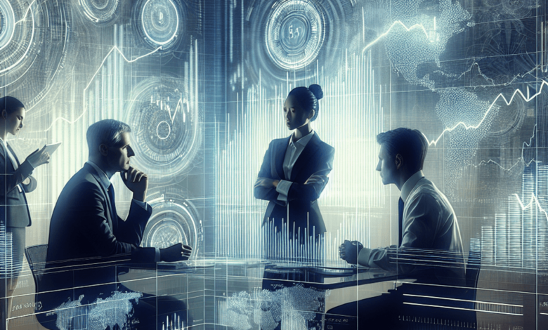 A group of financial traders in a high-tech trading office, featuring a male and a female at the center of a discussion. They are engaged in analyzing