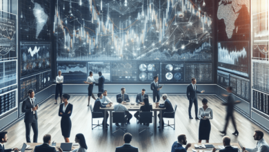 A group of options traders, engaged in animated discussions around a conference table cluttered with charts and graphs related to options trading. The