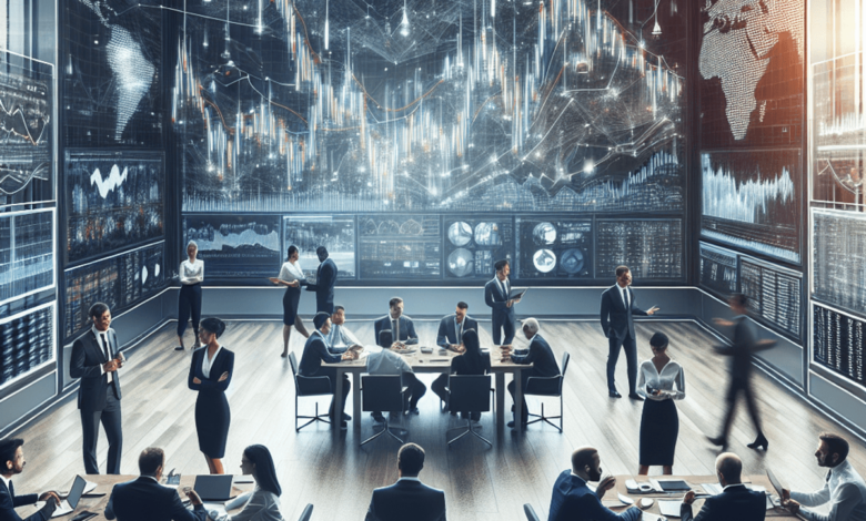 A group of options traders, engaged in animated discussions around a conference table cluttered with charts and graphs related to options trading. The