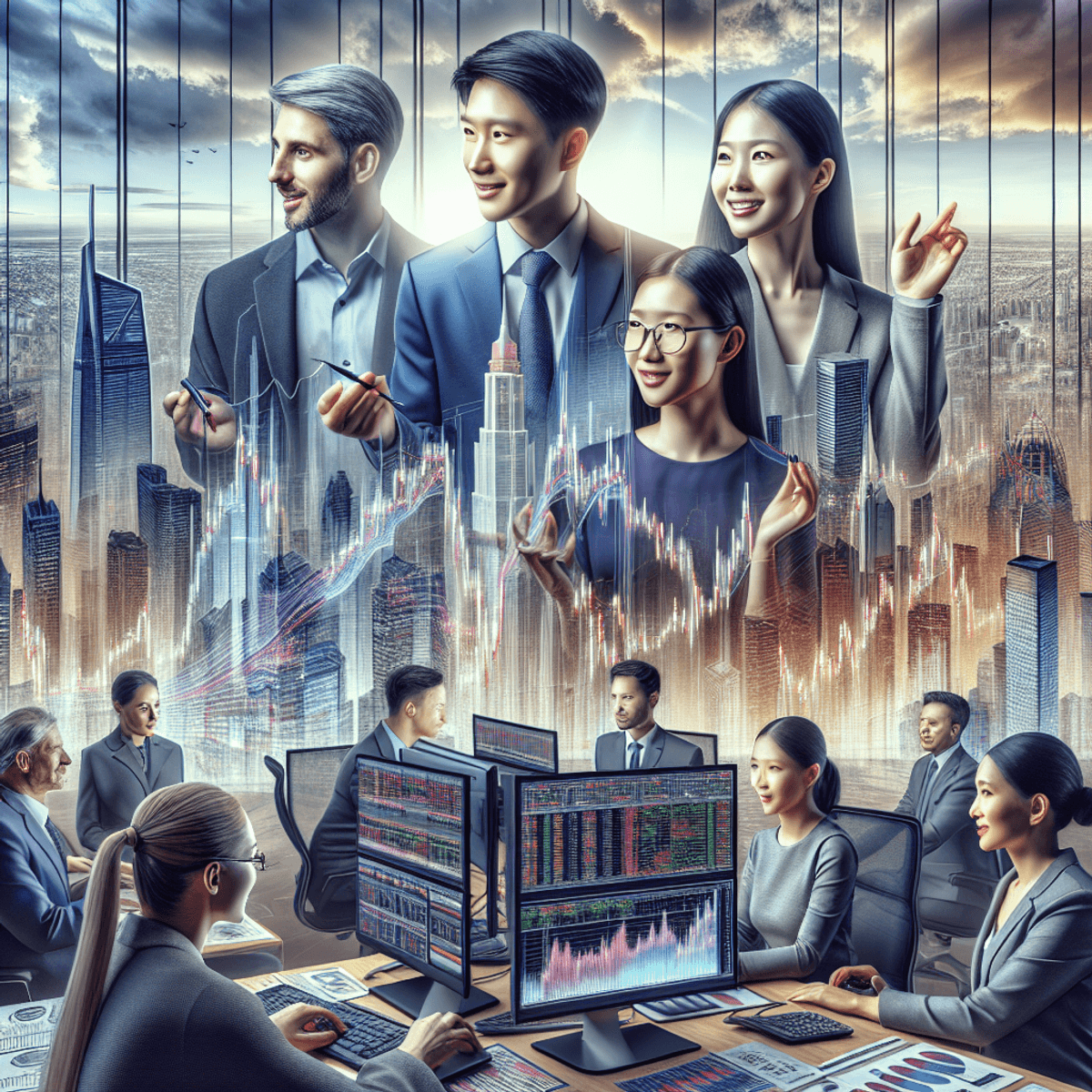 A group of traders on a bustling trading floor, featuring a male analyzing data on his computer, a female trader animatedly discussing with a male colleague, and others of various descents focused on their tasks. The scene is filled with charts and graphs illustrating market trends, set against a backdrop of urban skylines symbolizing the dynamic nature of BRICS economies.