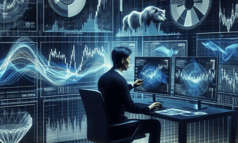 A hyperrealistic depiction of a financial trader, deeply focused on analyzing intricate market data displayed on a high-tech computer screen. Surround