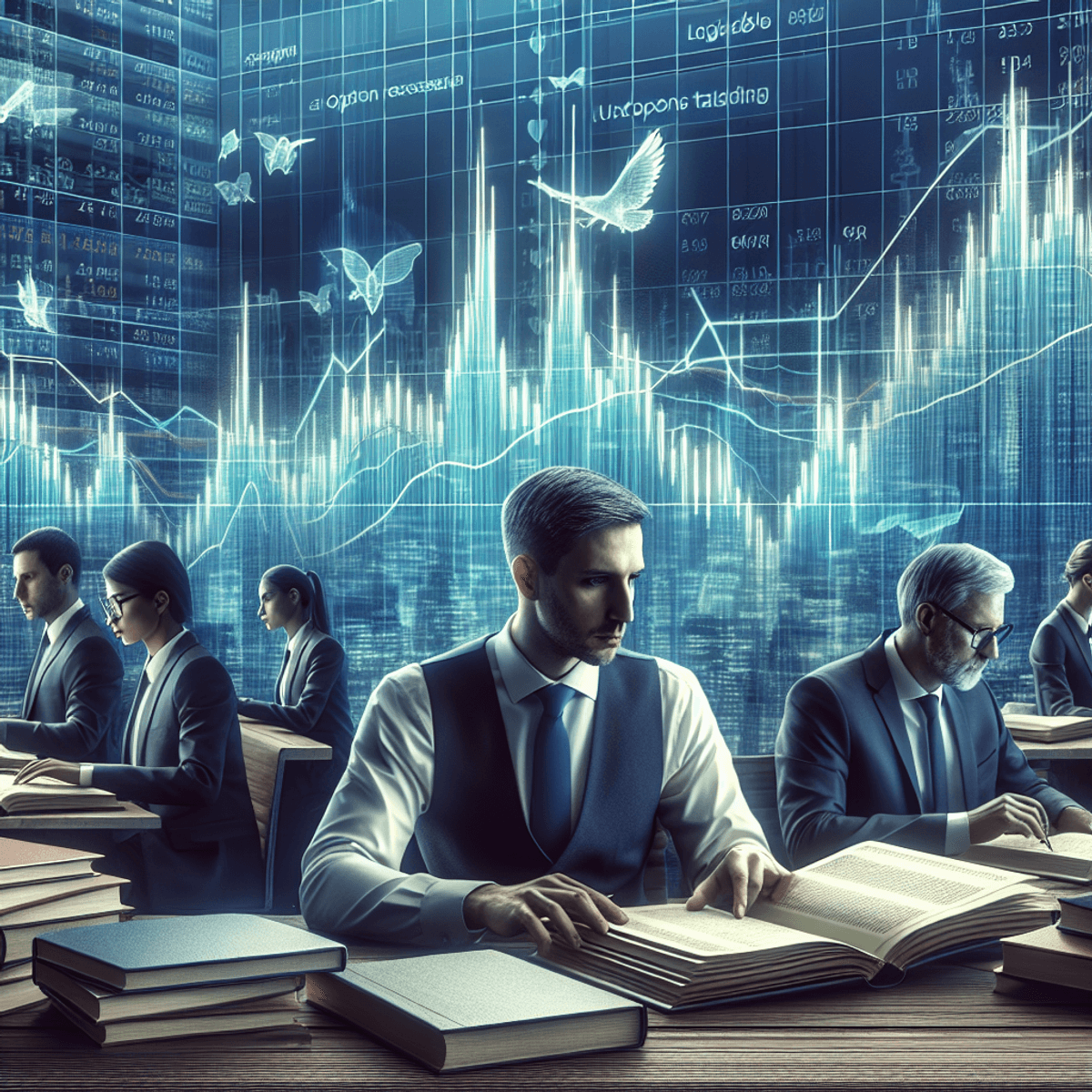 A male trader and a female trader, both dressed in professional attire, are intensely focused on analyzing volatility charts on a sleek digital screen in a modern trading room. The environment is equipped with high-tech monitors displaying various graphical symbols and figures related to trading. Surrounding them are several well-worn books on options trading, emphasizing their expertise. The atmosphere is dynamic, with a sense of urgency and concentration as they engage in their analysis.