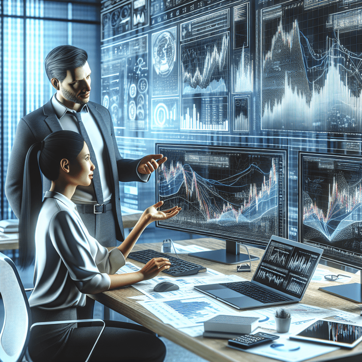 A man and a woman are seated at a modern office desk, engaged in a lively discussion. Their focused expressions suggest a deep conversation about the stock market. Multiple computer monitors display abstract symbols and diagrams representing financial data, while scattered laptops and sheets of paper emphasize a tech-savvy environment. The overall atmosphere conveys collaboration and analytical thinking in a contemporary workspace.