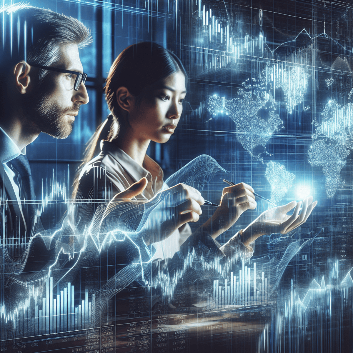 A man and an Asian woman, both dressed in professional attire, are focused on a digital screen displaying complex financial data. The background features abstract financial graphs and symbols representing market volatility, creating a dynamic atmosphere that reflects the intensity of stock trading. Their expressions convey deep concentration and analysis as they strategize together amidst the bustling environment of a trading floor.