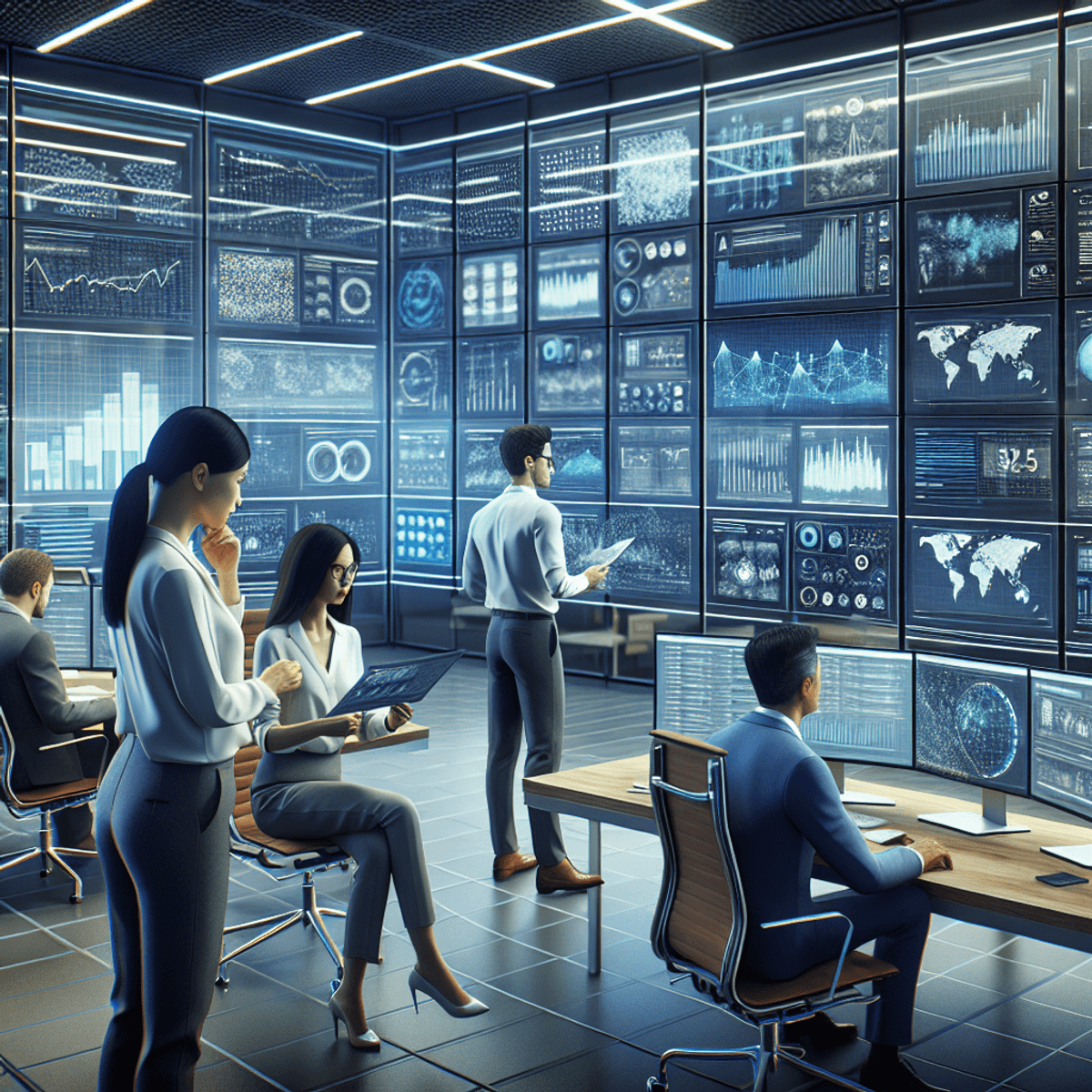 A modern office setting filled with digital screens displaying charts and graphs, featuring three professionals: a woman focused on data analysis, a man engaged in discussion, and a woman contributing her expertise, all showcasing teamwork in data analytics for scenario planning.