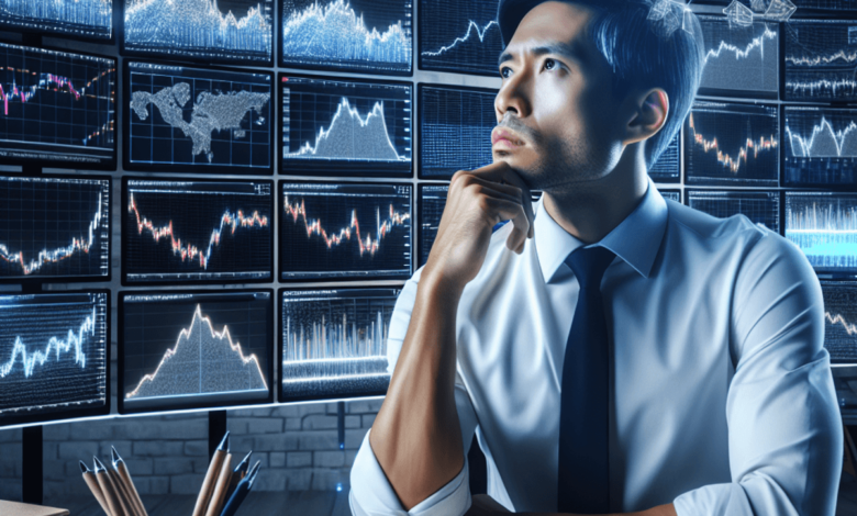 A pensive male trader sits in a modern office, surrounded by multiple screens displaying colorful stock graphs and market data. He gazes thoughtfully