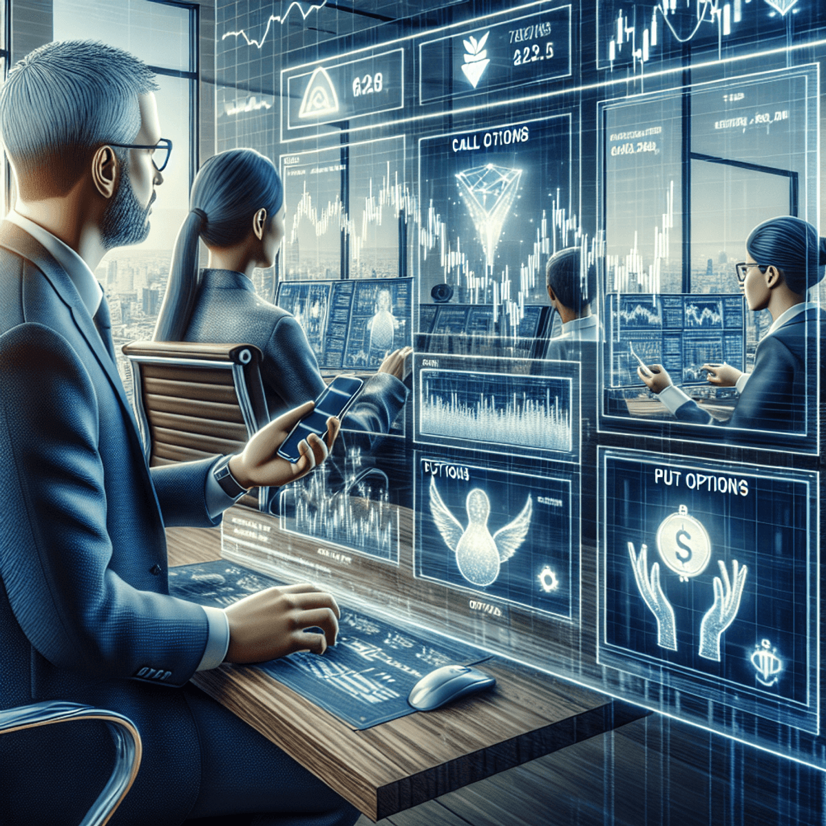 A realistic illustration of traders in a modern office, deeply focused on analyzing financial data on a digital screen. The screen displays various graphs and charts, complemented by recognizable call and put options icons that symbolize strategic income generation and investments. The atmosphere conveys a sense of collaboration and concentration in the realm of financial trading.