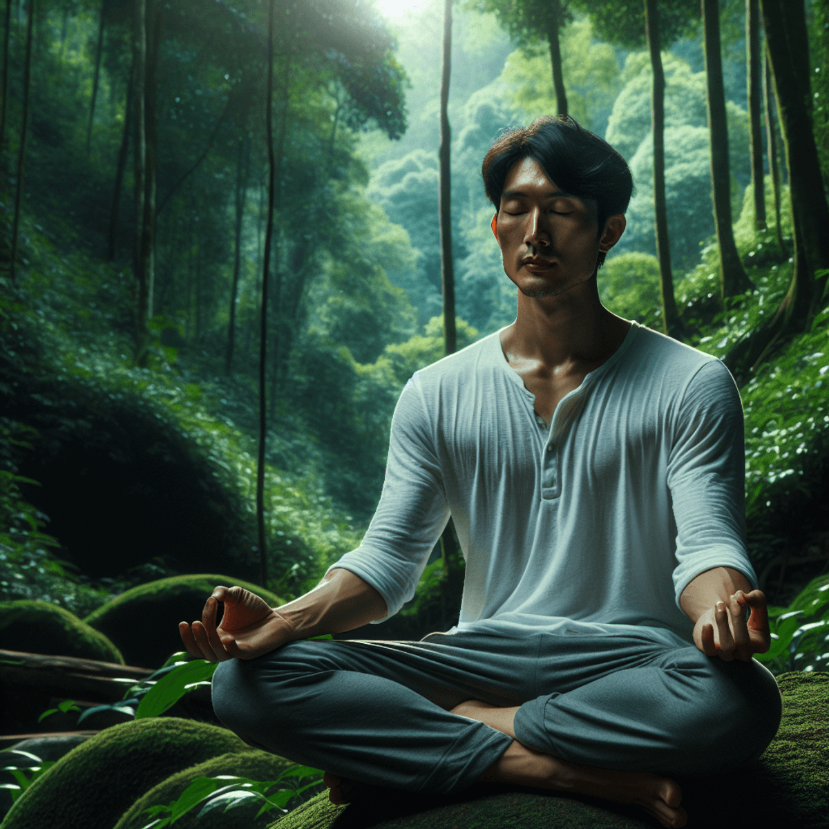 A serene male meditating in a lush green forest, sitting cross-legged with a calm expression, surrounded by vibrant foliage and dappled sunlight filtering through the trees, embodying tranquility and mindfulness.