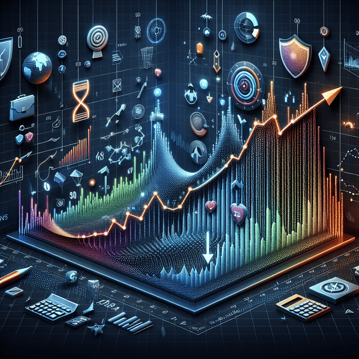 A vibrant 3D graph illustrating an options volatility surface, featuring dynamic colors to indicate market sentiment with visible upward and downward trends. The X-axis is marked with an arrow targeting a bullseye symbolizing 'Strike Price', while the Y-axis displays an hourglass icon representing 'Time to Expiration'. Subtle grid lines enhance precision, and the background is adorned with abstract finance-related icons such as a shield for security, a calculator for calculations, and a briefcase for business.