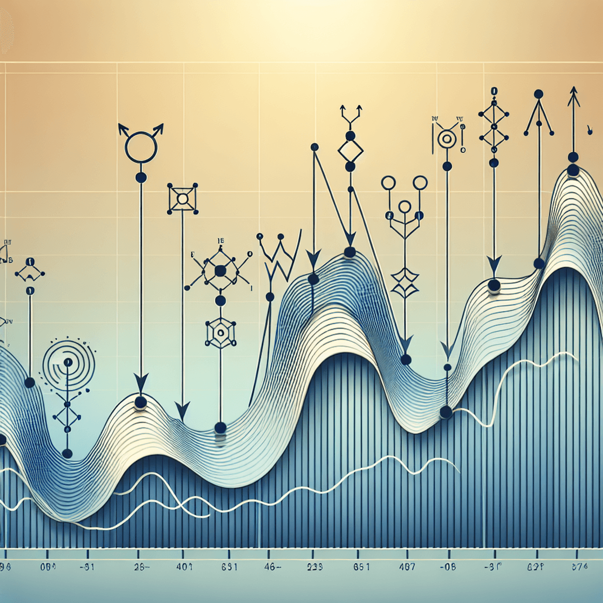 A visually abstract representation of the Elliott Wave Theory, featuring a rising stock market graph with eight distinct waves illustrating each stage of the theory. The waves are marked by symbols indicating impulsive and corrective phases, accompanied by arrows that trace the trajectory of the market's movement. The background transitions gently in gradient colors, emphasizing the wave patterns without any text.