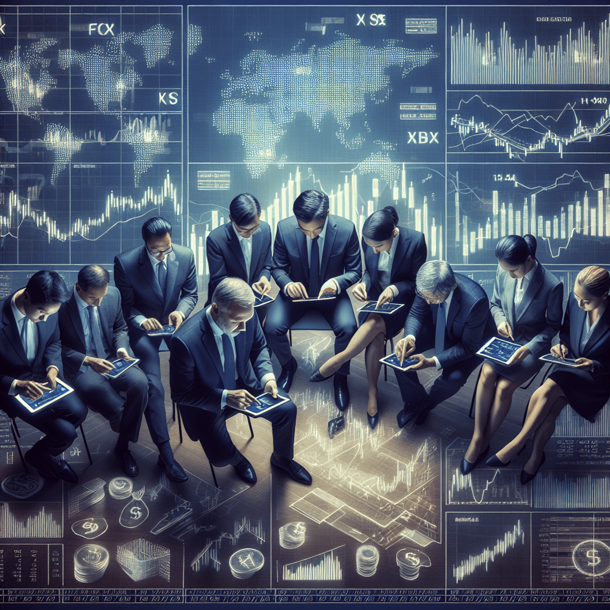 Traders intensely analyzing financial charts on a digital tablet, surrounded by symbols and graphs representing currency and trends, indicating a focus on options trading in emerging markets, with additional charts in the background.