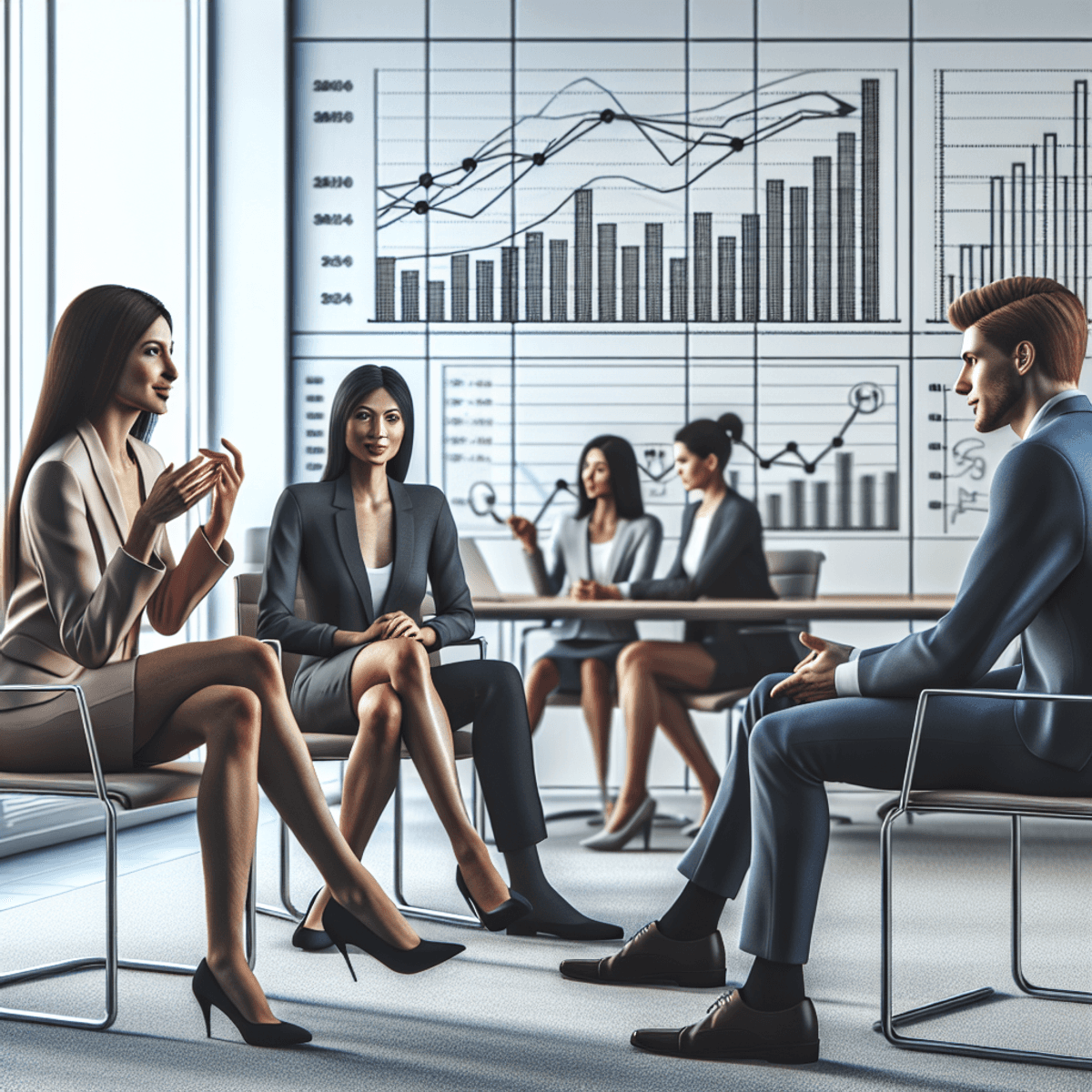 Two women and a man are seated in a modern office, animatedly discussing financial strategies. The room features whiteboards filled with bar charts and line graphs, representing their focus on risk management and investment strategies. The individuals are engaged and expressive, highlighting collaboration and teamwork.