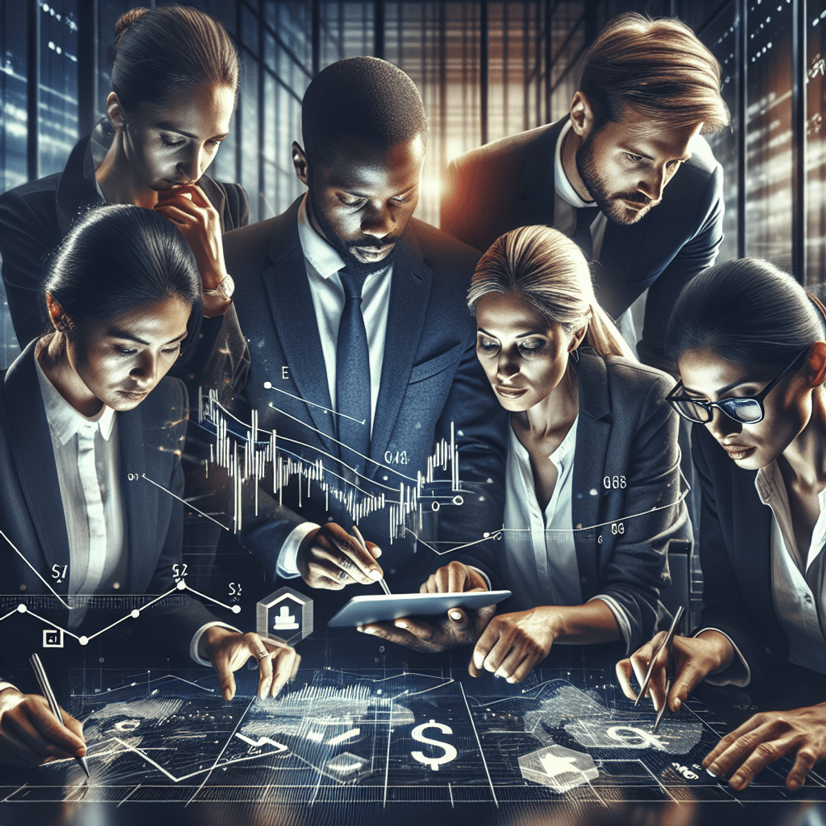 A diverse group of professionals, intently analyzing financial charts and graphs on a digital tablet in a modern office setting. Their focused expressions convey teamwork and collaboration. The background features symbols representing finance, such as graphical depictions of bonds and options, reinforcing the themes of trading and risk management. The image is created in a realistic artistic style.