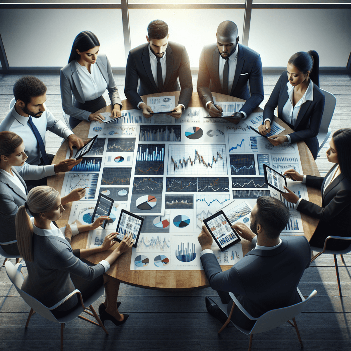 A diverse team of six trading professionals, gathered around a large table in a modern office. They are intently analyzing colorful graphs and pie charts related to convertible bonds and options. Each member holds documents or digital tablets, showcasing their focus and collaboration in strategic planning. The setting emphasizes teamwork and unity without any visible text.