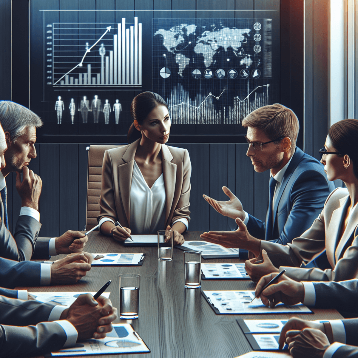 A group of diverse business professionals, engaged in a focused discussion around a conference table. Behind them, a screen displays clear graphs and charts related to investment strategies. The atmosphere reflects collaboration and strategic thinking, with expressions of determination as they work together to overcome financial challenges.