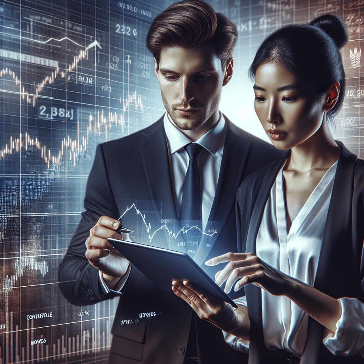 A multiethnic group in a finance setting, featuring a Caucasian male and an Asian female in business attire, intently analyzing financial charts and graphs on a digital tablet. The background displays subtle investment strategy symbols like convertible bonds and options, highlighting their focused discussion and analysis. The image is realistic with detailed representations of the charts, graphs, and financial symbols.