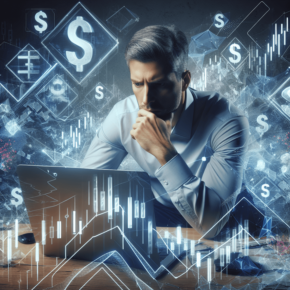 A thoughtful trader sits at a cluttered desk, surrounded by abstract representations of stock charts and graphs. He looks deeply contemplative and concerned as he analyzes data on his laptop. The background features universally recognized financial symbols, such as dollar signs and abstract stock market indicators, highlighting the complexities and challenges of trading.