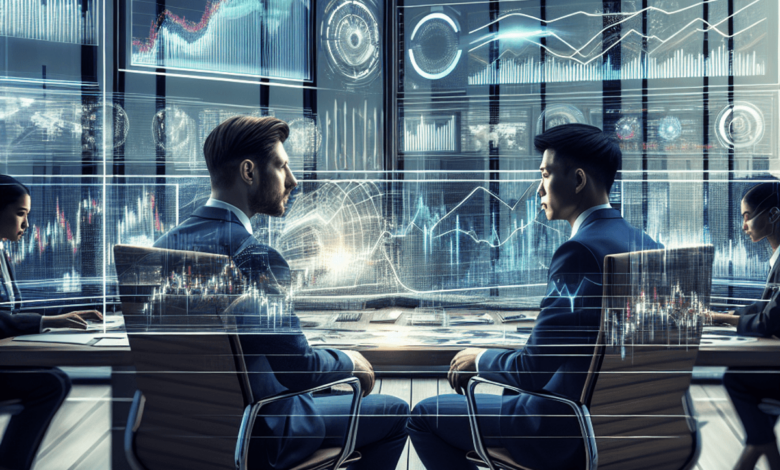 Two options traders seated at a desk, surrounded by multiple screens displaying charts and graphs, engaged in a focused conversation that highlights t